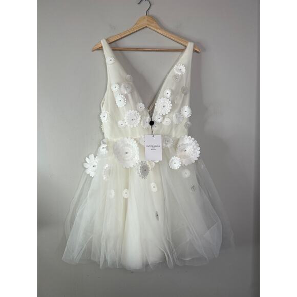NWT Viktor & Rolf for BHLDN Petunia Floral Deep-V A-Line Mini Dress Ivory Size 6 - Picture 3 of 10
